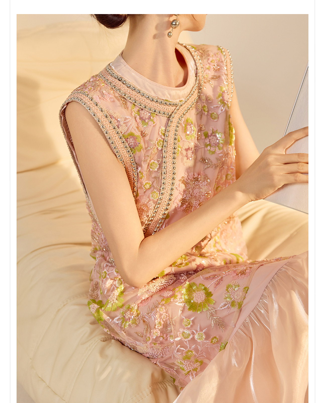 Váy sườn xám maxi thêu sequin phong cách Trung Quốc mới mùa hè N5042 — hồng, Xanh lam sông băng chi tiết 19