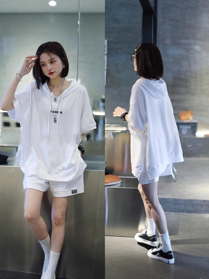 Plus-Size Fashion Set for Women 2025 Summer New Casual Style Sportswear Loose Short-Sleeve Shorts Hooded Two-Piece Set