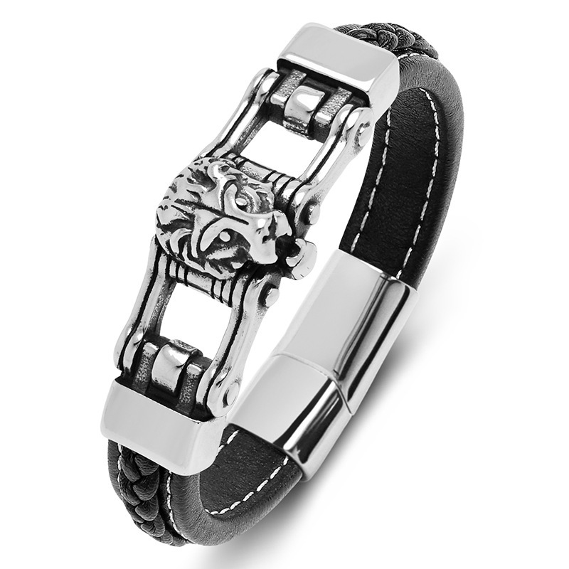 【Direct from Manufacturer】Amazon's Popular Hand-Stitched Leather Lion Head Stainless Steel Trendy Men's Bracelet
