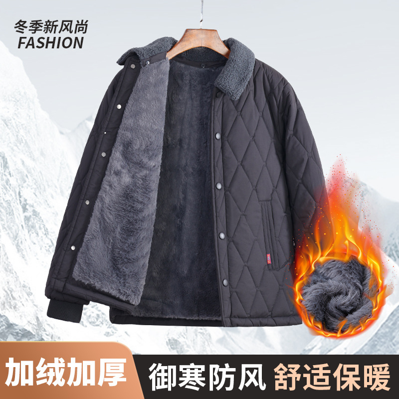 秋冬季棉衣中老年爸爸宽松外套加绒加厚大码翻领棉服爷爷小棉袄男