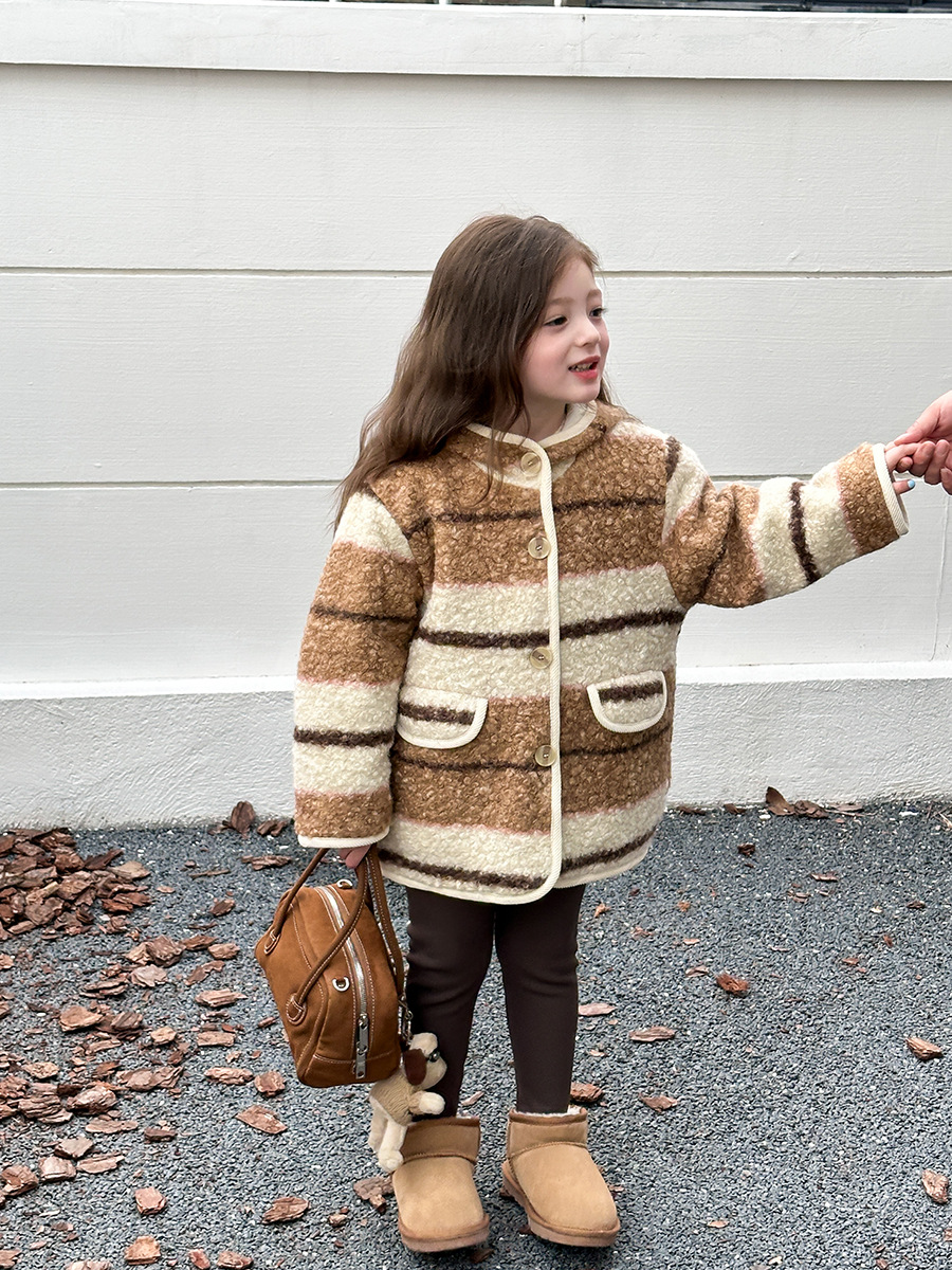 aimo beibei children‘s mid-length vintage stripe hooded woolen coat winter girls‘ thick quilted woolen coat
