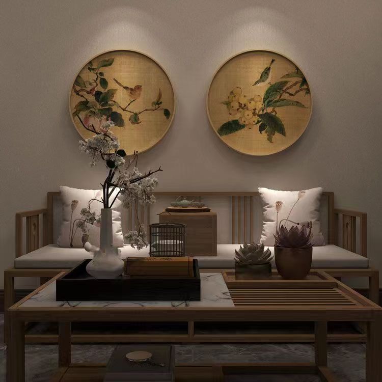 禅意花鸟装饰画新中式圆形客厅挂画餐厅书房玄关壁画简约墙画
