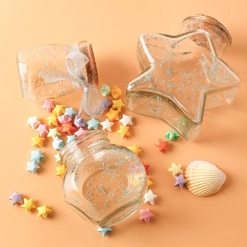 Botella de vidrio de deseo botella de almacenamiento botella de arco iris botella vacía estrella de la suerte origami estrella de luz nocturna estrella de la colección de pentacos