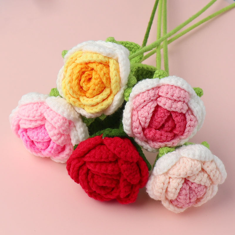 Wine Glass Rose Finished Hand-woven Bouquet Home Ornaments Crocheted Artificial Flower Wool Gift for Girlfriend
