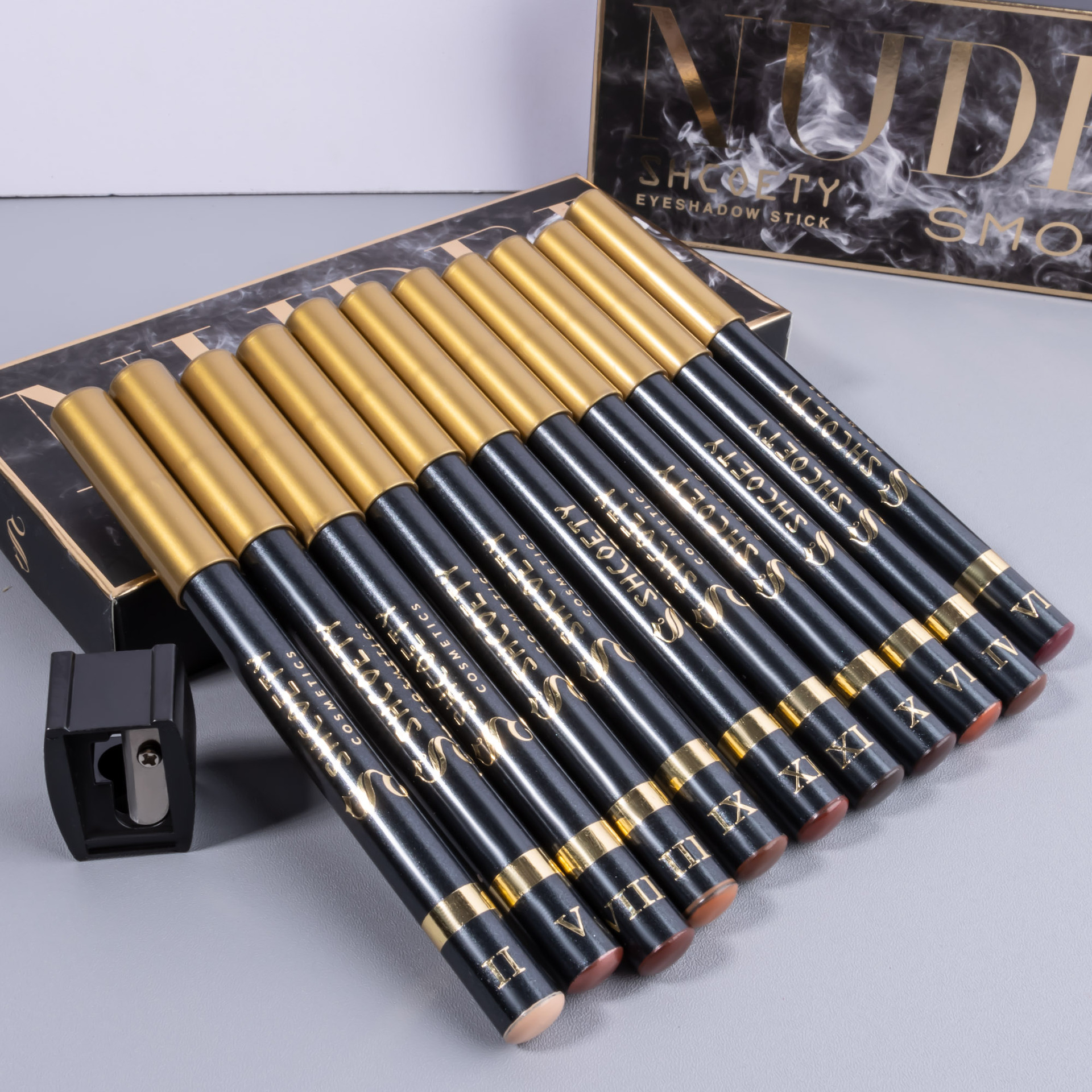 SHCOETY 12-color pearlescent eyeshadow pen set, non-smudging with pencil sharpener, eyeliner, horizontal pencil, cross-border undefined