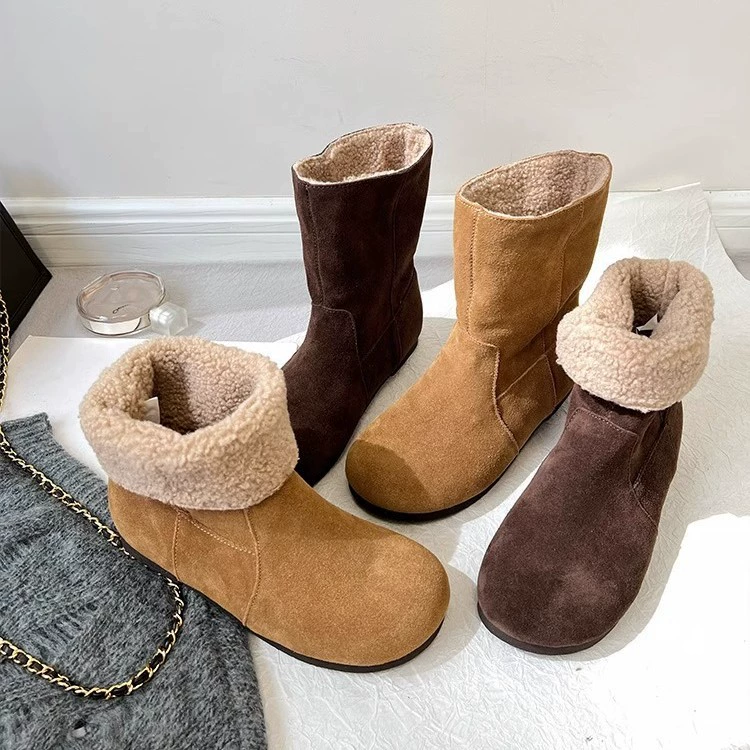 Ретро кожаные бархатные снежные сапоги женский 2024 зимний новый нескользящий толстый ягненок шерстяной хлопок сапоги Baken