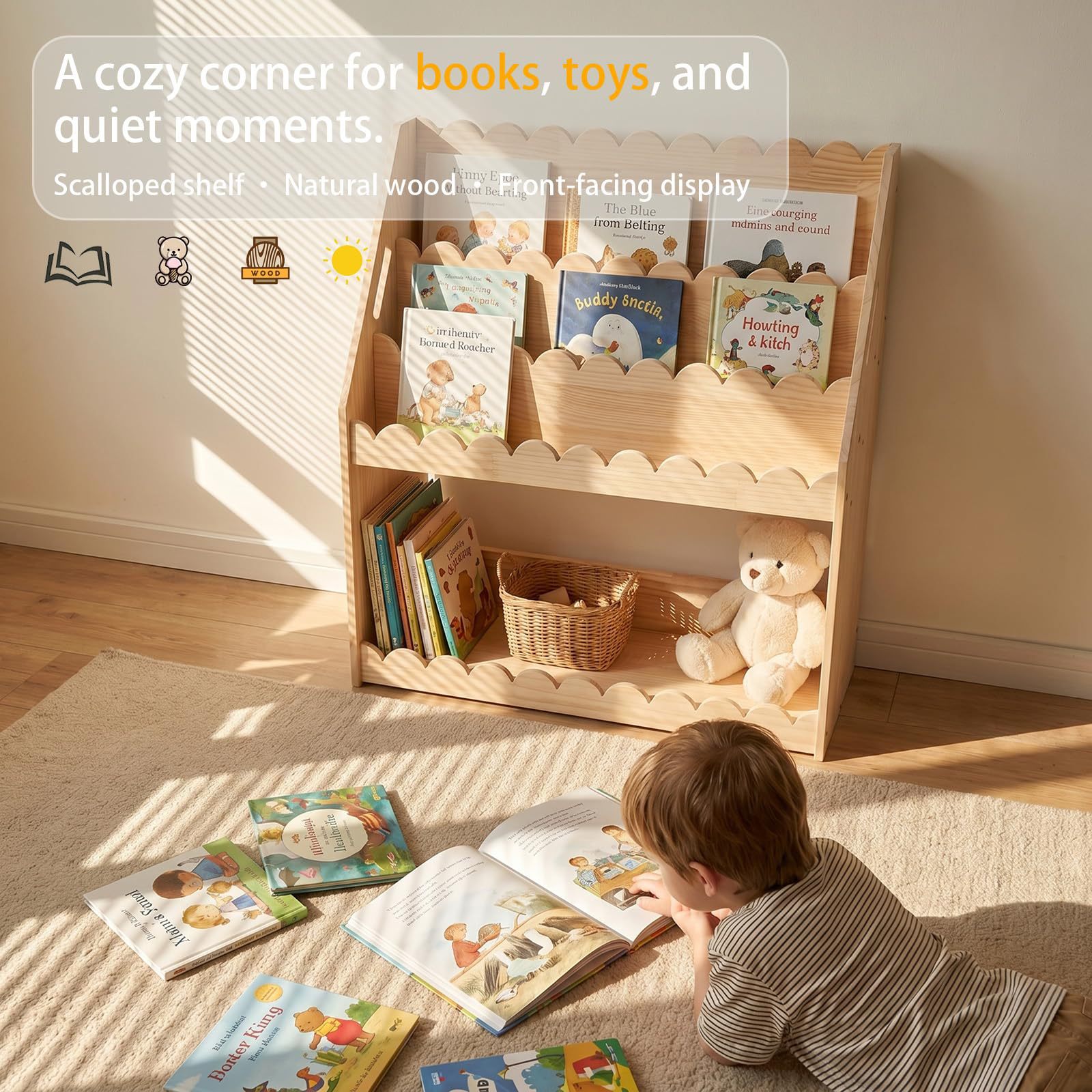 Cross-border Children's Fan-shaped Bookshelf 4-Tier Montessori Wooden Bookcase for Infants