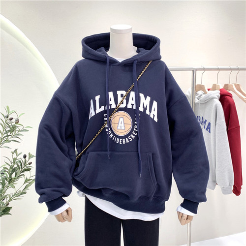 Women's Thick Fleece Hooded Sweatshirt with Ins Trendy Letter Print Loose Plus Size Outerwear for Autumn and Winter Korean Style