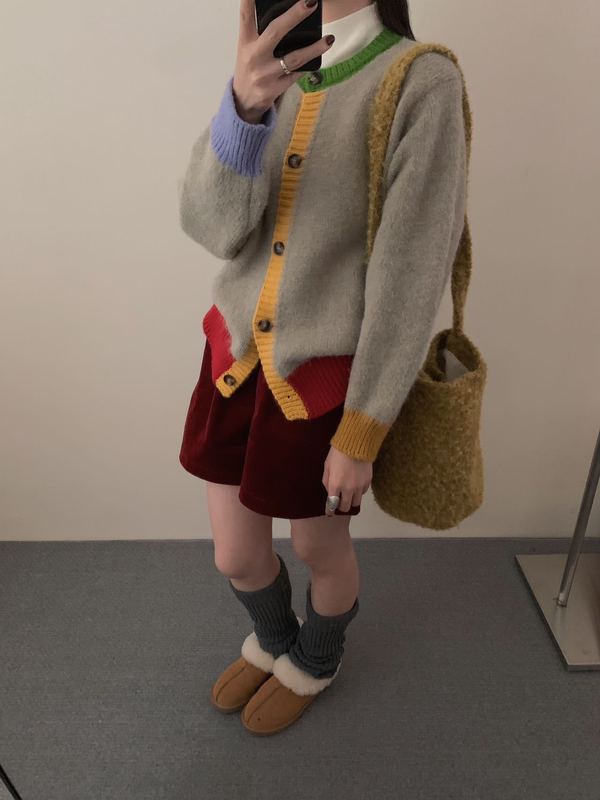 韩系撞色针织开衫多彩配色圆领单排扣甜美温柔秋冬百搭毛衣女外套|undefined
