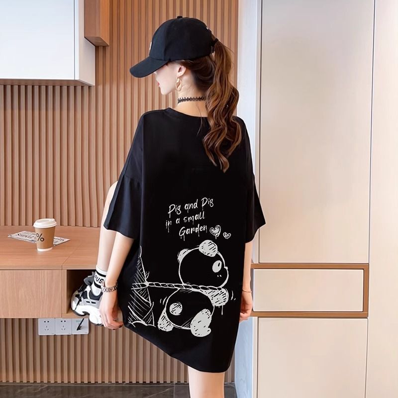 100% Pure Cotton Hong Kong Style Casual Summer Short-Sleeved T-Shirt Women's New Casual Tops for Pregnant Women to Cover Belly and Slimming Look Mid-Length T-Shirt
