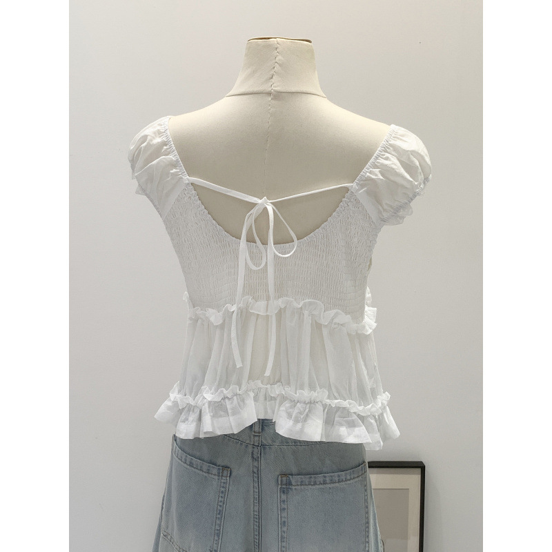 Brand Discount Chic Lace V-Neck Chiffon Short-Sleeve T-Shirt for Women, Summer 2026 New Style, Backless Tie-Up Ruffle Top