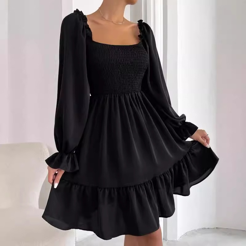 2024TEMU European and American French Simple Square Collar Parallel Crepe Seat Body Ruffled Hem dress