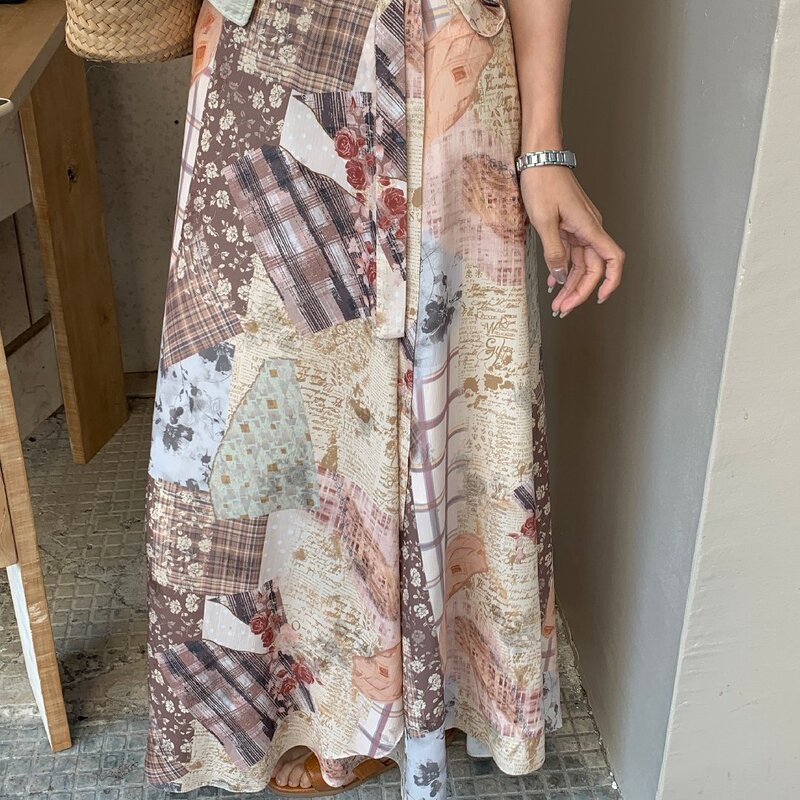 Lemon Green Tea Bohemian Style Printed One-Piece Lace-Up Skirt for Women, Spring Resort Style Design Long Skirt