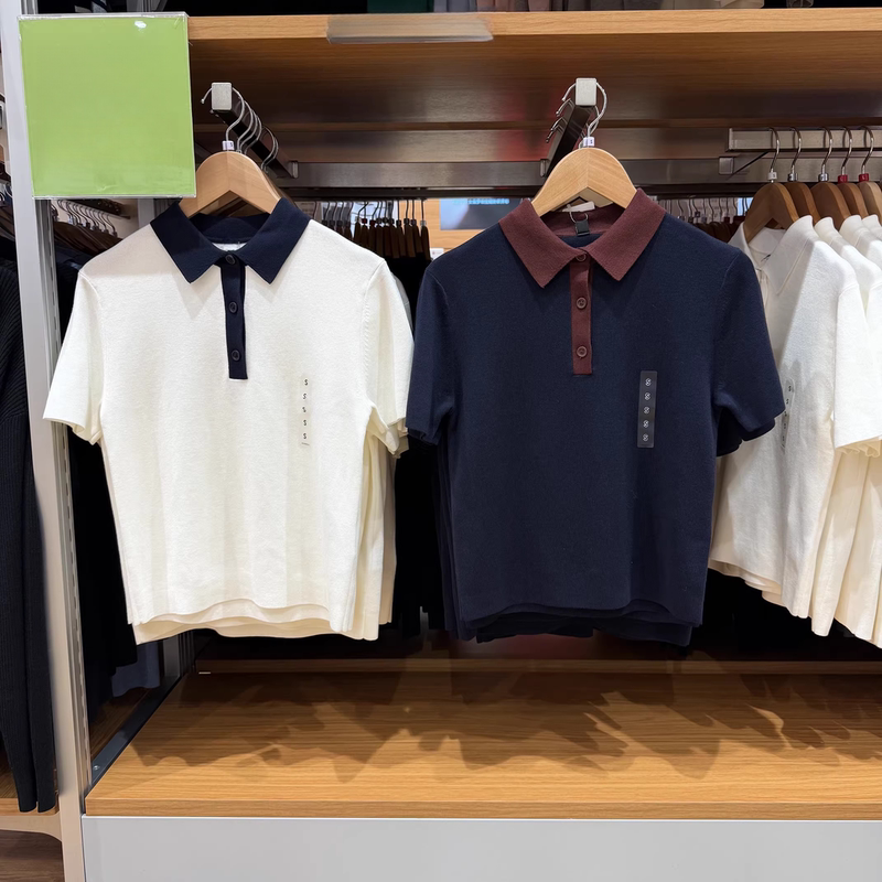 High-Quality Goods from the Channel: Spring Women's Cotton Modal Blend Polo Collar Color-Block Knit Short-Sleeve Top 485224/484607
