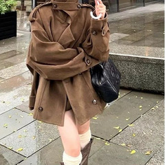 棕色设计感立领麂皮小个子外套女秋新款韩系复古宽松修身休闲大衣