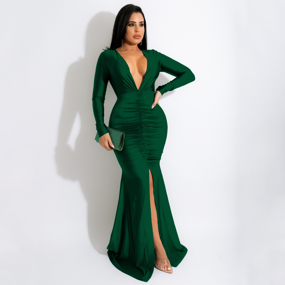 Solid Color Sexy V-Neck Slit Dress NSMYF94770