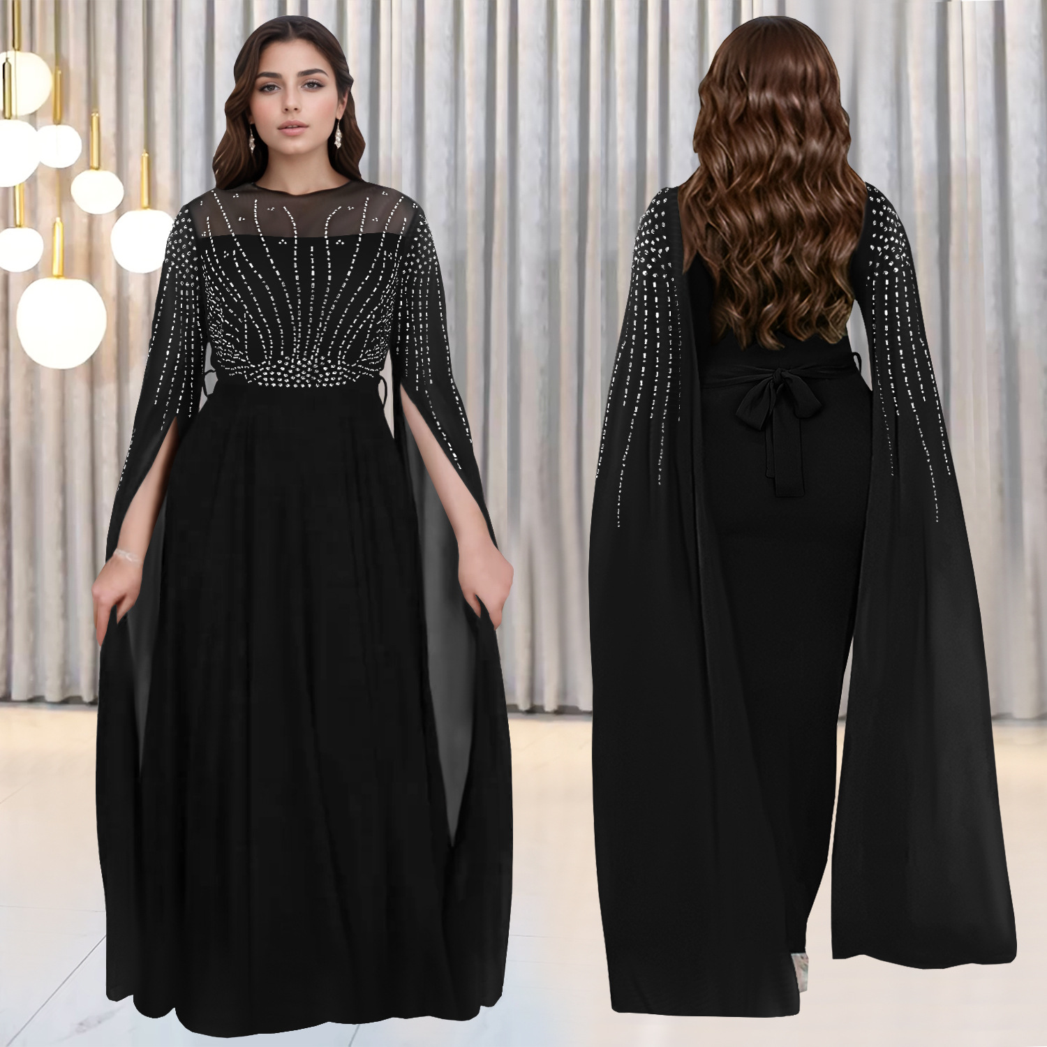 C7392跨境速卖通亚马逊欧美时尚女装气质优雅中东烫钻透视连衣裙