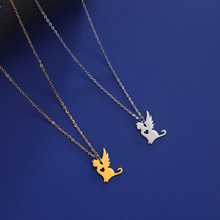 简约小众新款钛钢切割光面天使爱心猫猫吊坠304材质不锈钢项链