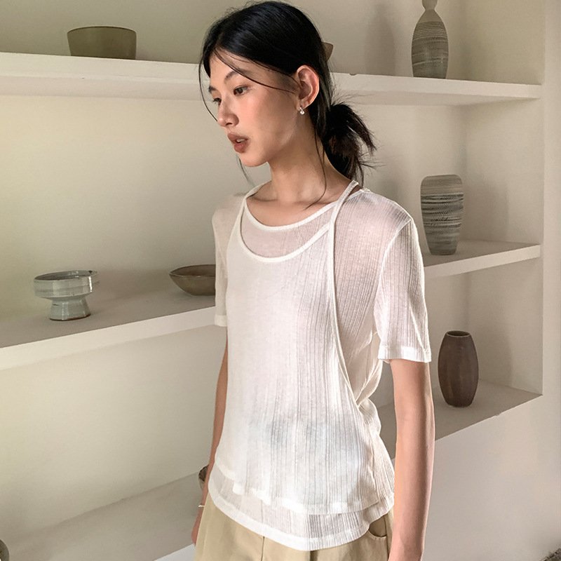 Love and Nancy Thirteen Lines Korean Style Summer Korean Version Round Neck Fake Two-Piece Niche Halter Neck Slimming T-Shirt 22450