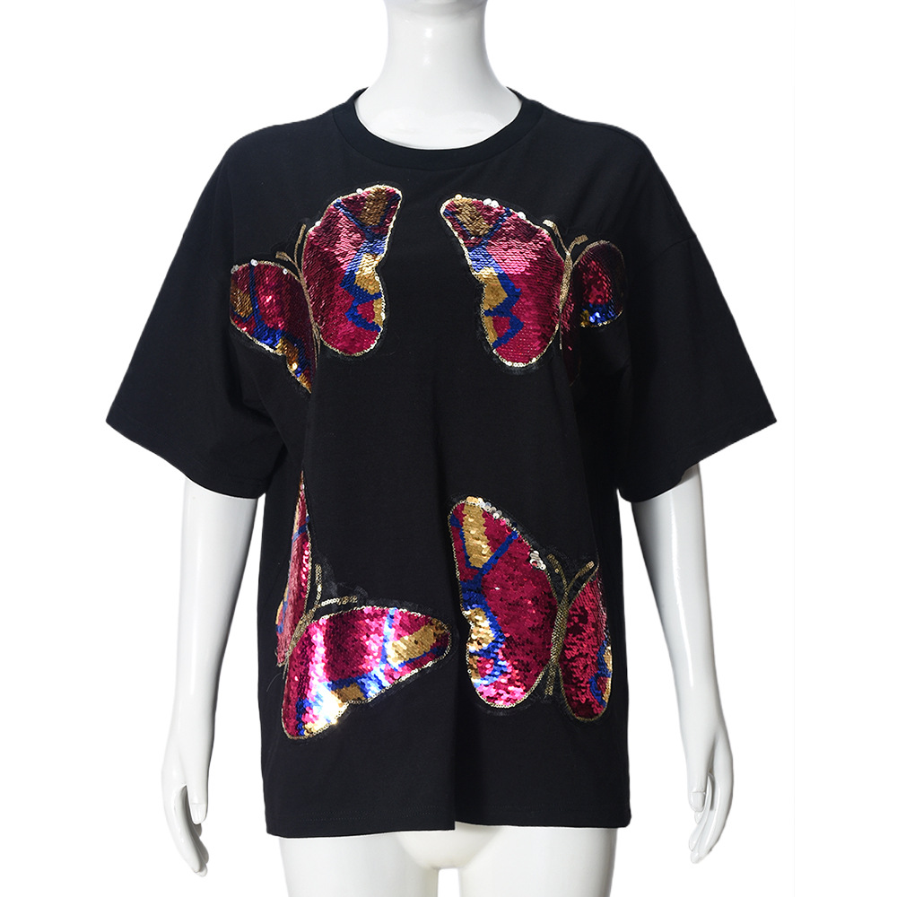 Women Clothing Personality Street Sequin Embroidered Crew Neck Short-Sleeved T shirt Women Top