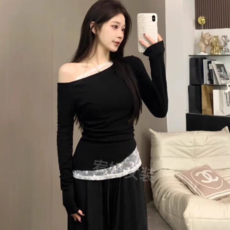 Modal Rayon Original Design Lace Off-Shoulder Long-Sleeve T-Shirt for Women, Spring and Autumn Sexy Slim-Fit Top for Women