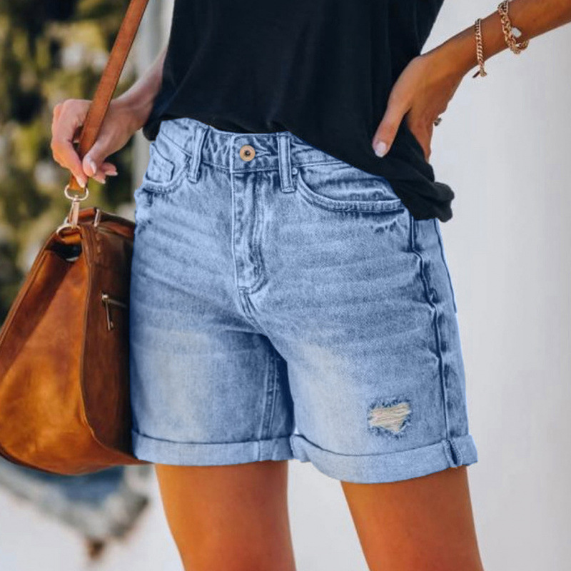 Modische, hoch taillierte, zerrissene Jeans-Shorts mit verwaschenem Destroyed-Effekt und Quaste, Hotpants für Damen_voghion.com