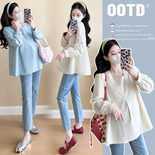 2024 New Pregnant Women's Korean-style Long-sleeved Gentle Elegant Square Collar Doll Shirt Top