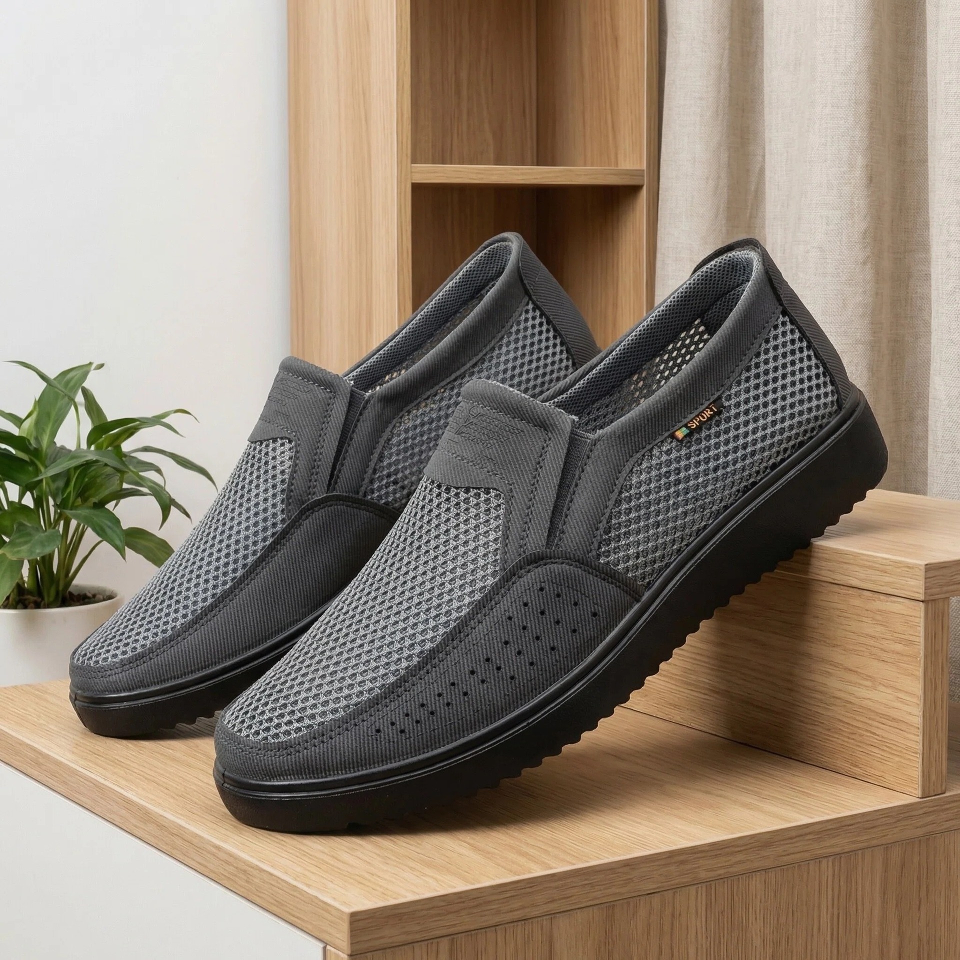 Cross-Border Large Size Temu Men's Shoes Summer Mesh New Men's Cloth Shoes Breathable Slip-On Casual Polyurethane