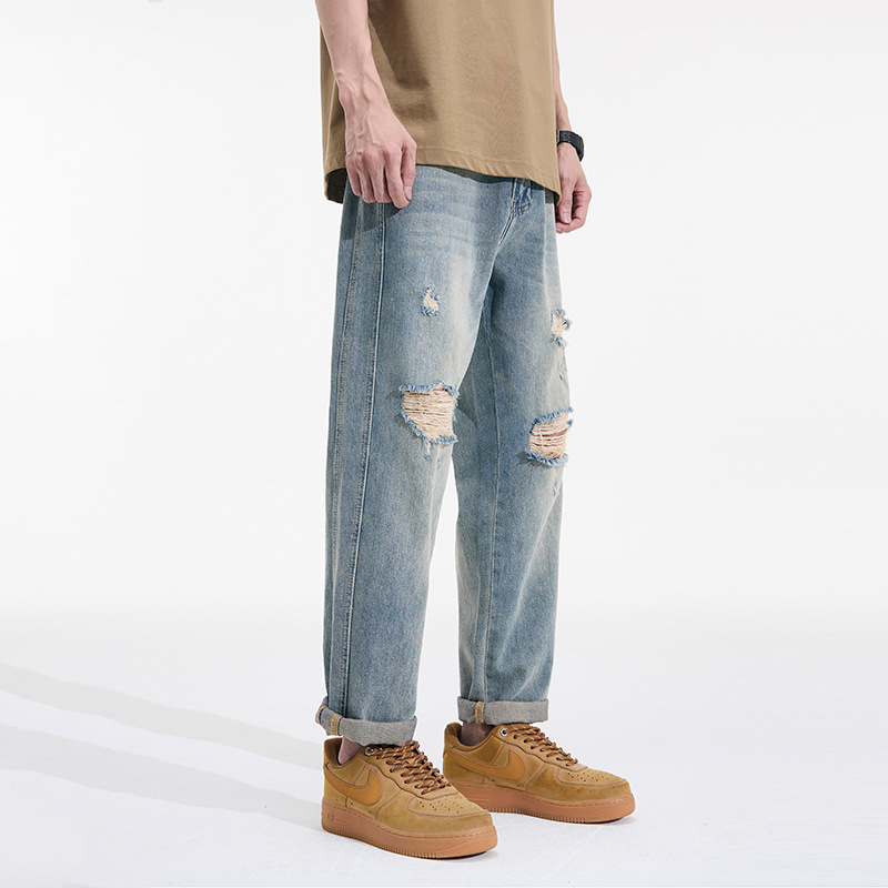 American-Style Trendy Ripped Distressed Men's Jeans, Vintage Versatile Tapered Dad Casual Pants