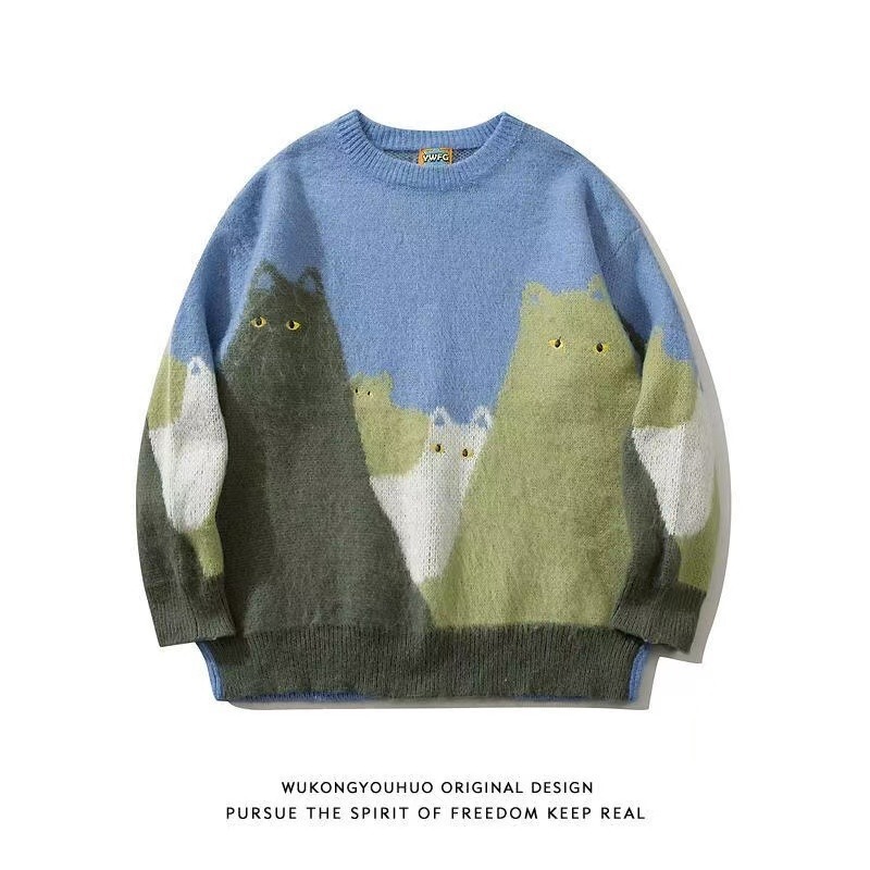 Cartoon Cat Trendy Brand Sweater Men's and Women's Vintage Jacquard Contrast Color Lazy-style Round Neck Loose All-match Couple's Knitted Sweater Cartoon Cat Trendy Brand Sweater Men's and Women's Vintage Jacquard Contrast Color Lazy-style Round Neck Loose All-match Couple's Knitted Sweater