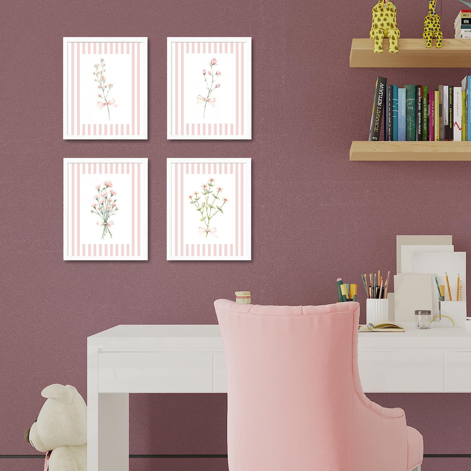 Cross-Border Hot Selling Retro Blue and White Stripesd Flower Wall Art 4-Piece Set of Country Cottage Plant Decorative Paintings