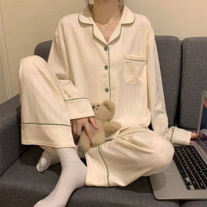 Al por mayor transfronterizo primavera y otoño nuevo pijama cardigans cuello grande pantalones de manga larga jacquard algodón sólido comercio exterior