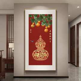 背景墙新中式玄关装饰画入户挂画喷绘客厅铝合金框油画布壁画画