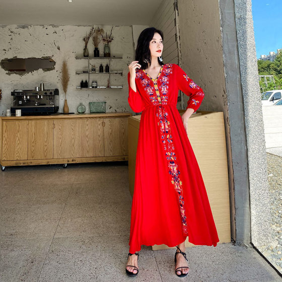Hepburn Vintage National Style Heavy Industry Embroidered V-Neck Lace-up Waist Slimming Western Style Long Holiday Dress f660