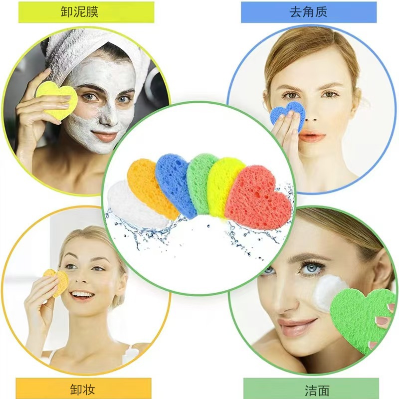 Transfronteriza venta caliente amor en forma de corazón comprimido pulpa de madera de algodón lavado de cara puff fibra esponja polvo puff rosa pieza comprimida cara limpieza puff