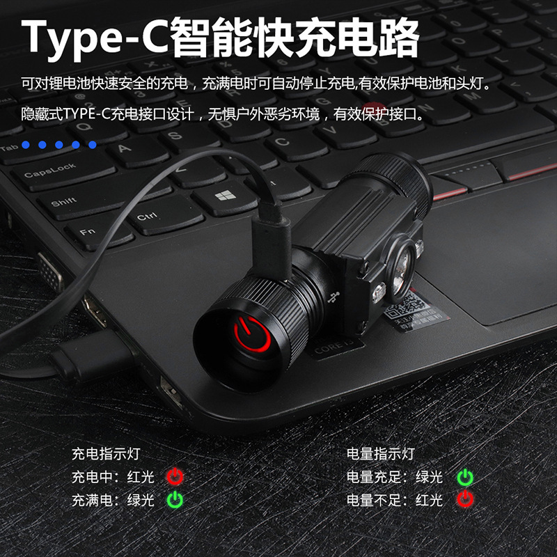 国境を越えた新型ヘッドライトUSB-C急速充電屋外防水懐中電灯アルミニウム合金赤緑色ヘッドライト|undefined