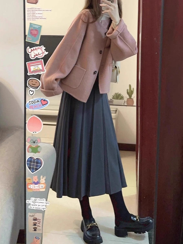 粉色多巴胺甜美风毛呢短款外套女2025年秋冬新款复古宽松呢子大衣|undefined