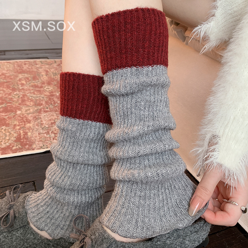 Leg Warmers Bootshang Cotton Pile Socks For Women Contrast Color Knitted Wool Leg Warmers Autumn And Winter Thickened Warm Stitching Gray Calf Socks_voghion.com