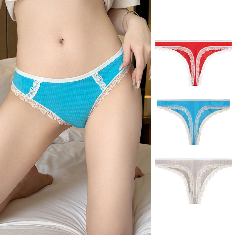 Customized Lace Briefs Sexy Threaded Thong Mid-Waist Pure Cotton Crotch Women's Underwear Breathable T-Pants for Women
