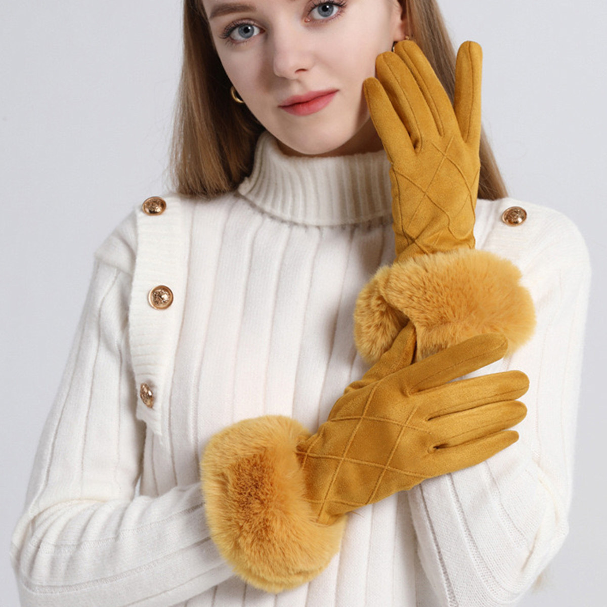 女士冬季触屏成人手套女士户外麂皮绒手套加绒毛口保暖手套女欧美