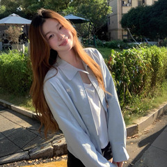 韩系穿搭蓝色夹克女早秋创意刺绣短款翻领外套宽松显瘦减龄上衣潮