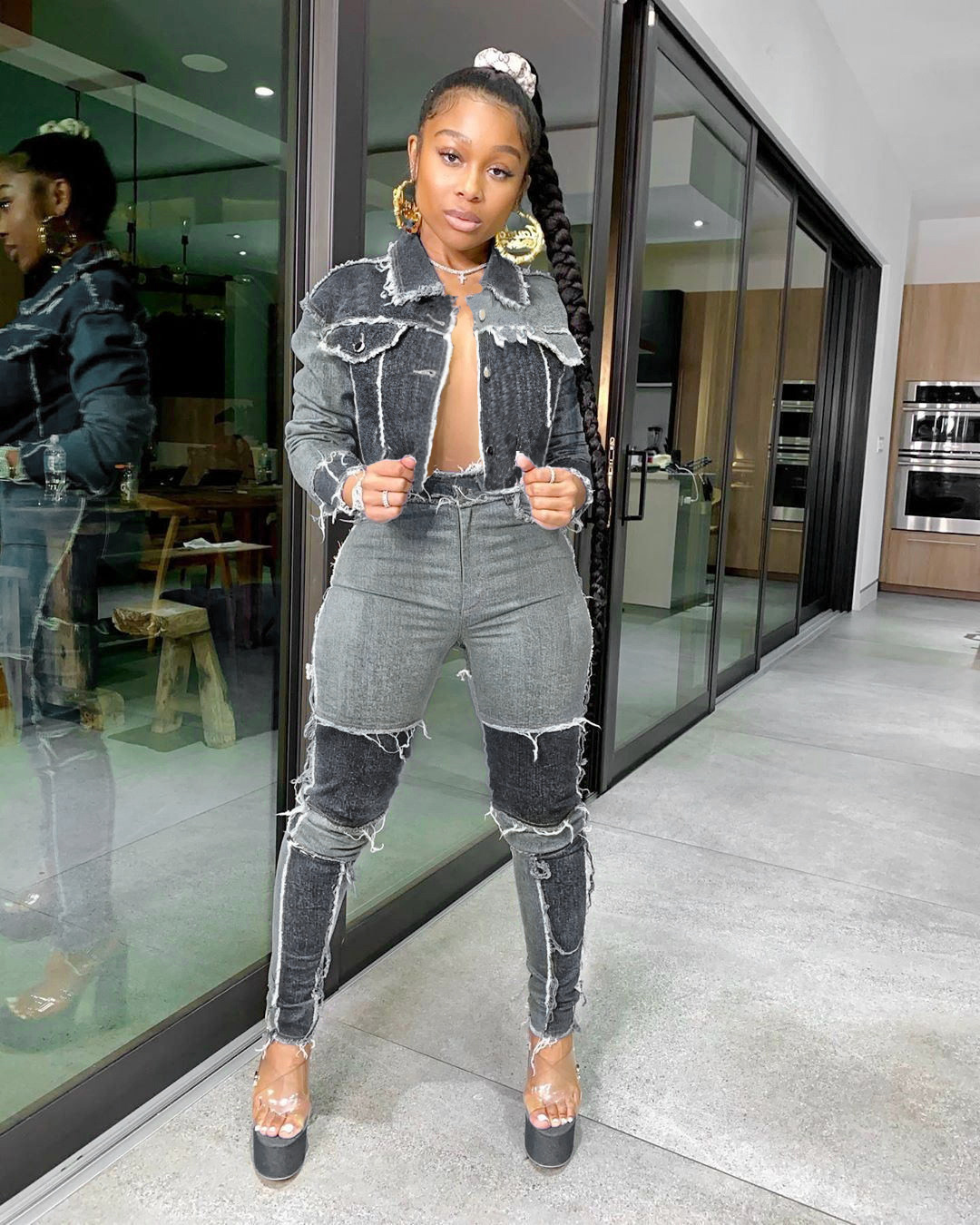 Trendy Women's Denim Jacket & Pants Set With Patchwork Design - Comfortable Polyester Blend For Casual & Office Wear_voghion.com