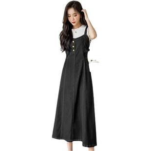Real shot casual all-match Denim suspender skirt mid-length slimming dress women