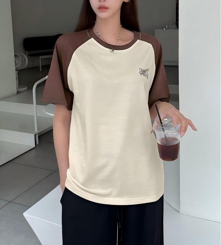 2025 Amazon temu Xiyin 人気の女性の夏の Tシャツ夏ショートカラーブロックラウンドネック半袖 Tシャツ女性|undefined