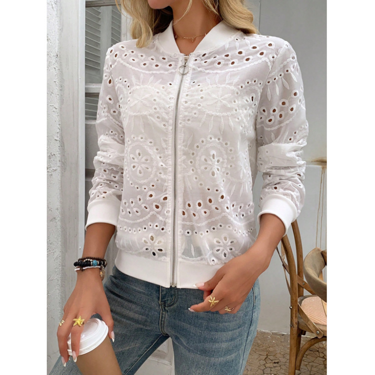Women's Elegant White Lace Textured Hollow Out Zipper Jacket - Lightweight Breathable Open Collar Baseball Jacket, Spring