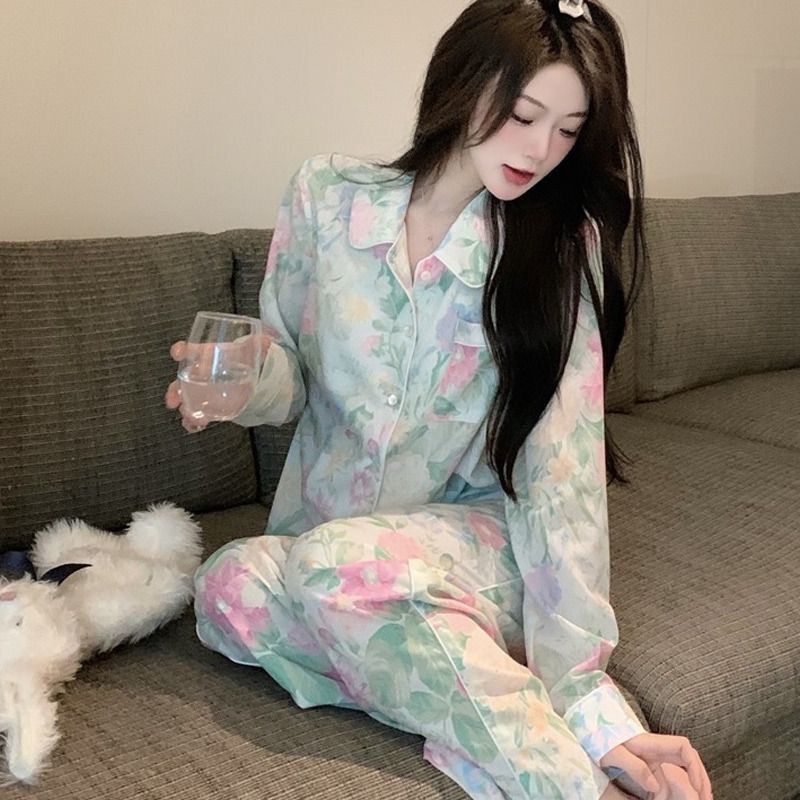 感绿色花卉印花冰丝睡衣女春秋季2025新款长袖套装丝绸家居服|undefined