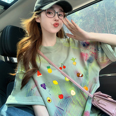 小清新減齢落書き純綿ミディアムロングtシャツ女性高級感カラーインク大版ゆるい着痩せ上着
