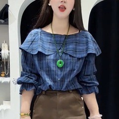 蓝色荷叶边格子设计感长袖T恤女2025秋季新款宽松减龄显瘦上衣潮