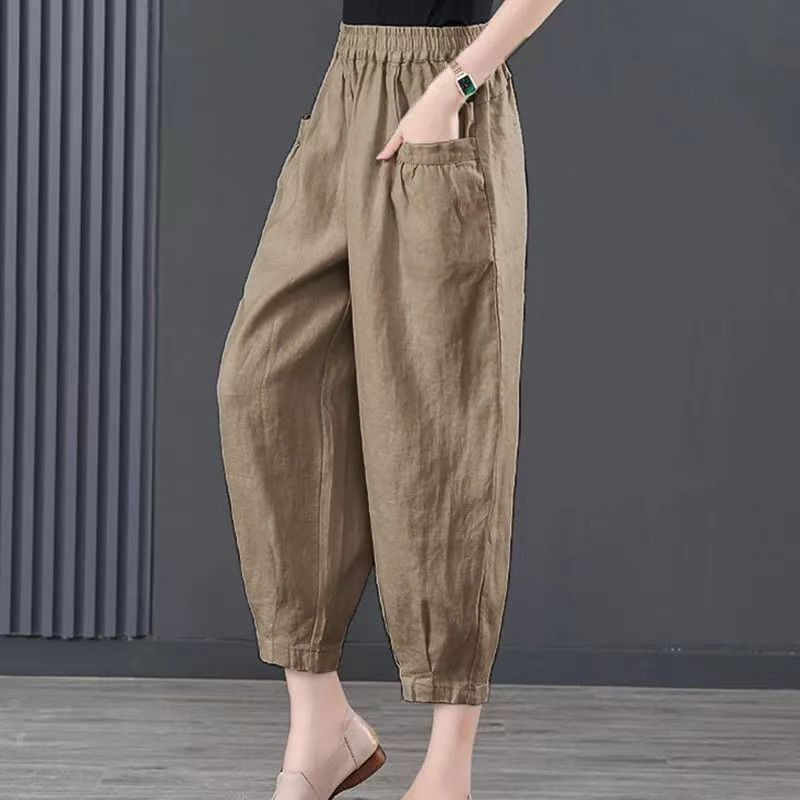 Ice Silk Cotton and Linen Nine-Point Pants for Women 2025 Summer New Elastic Waist Bloomers Retro Loose Eight-Point Harem Pants for Women