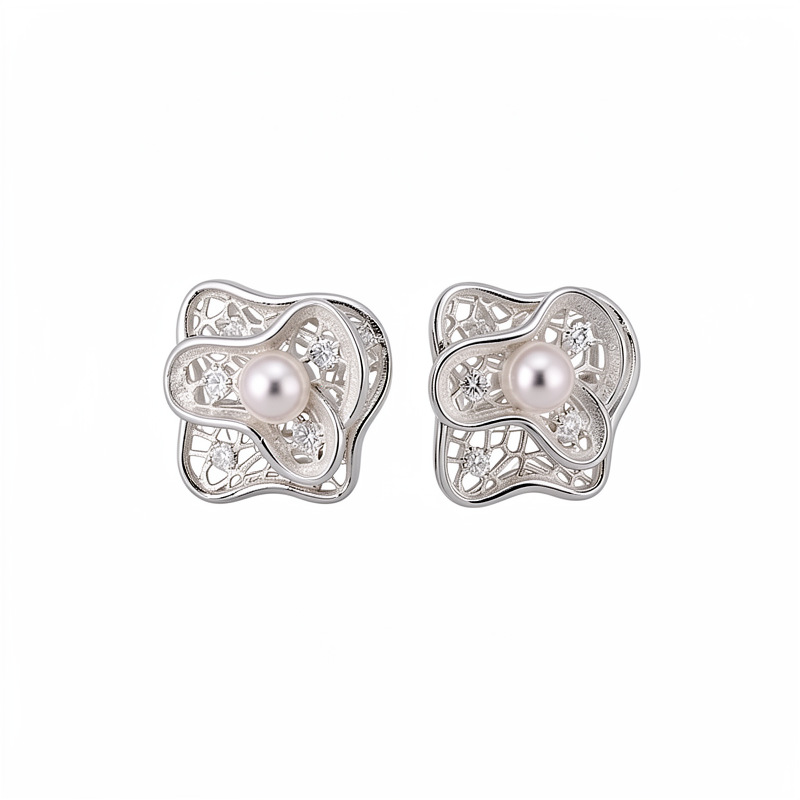 Aguja de plata zircon hueco flores perlas pendientes de perlas estilo moderno simple pendientes diarios lujosos alta sensación auriculares al por mayor image 6